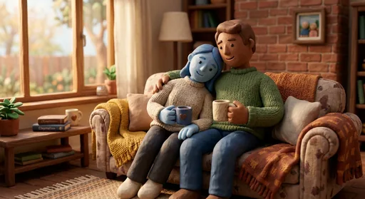 The same couple on the sofa, modeled like a claymation film still