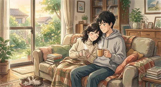 The same couple on the sofa, drawn in a soft hand-painted anime style