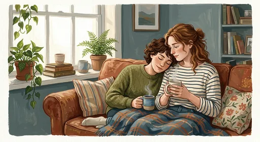 A couple cuddling on a sofa with mugs of tea, illustrated like a picture-book watercolor