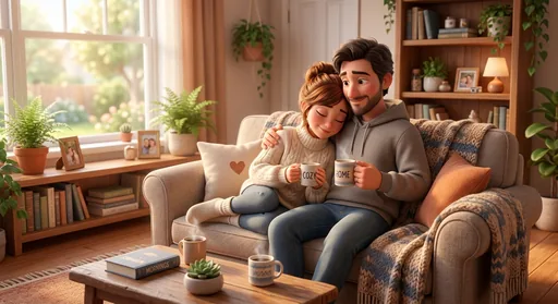 The same couple on the sofa, rendered as a warm 3D animation still